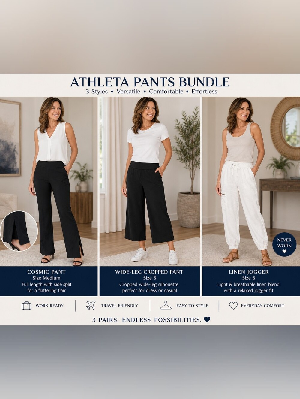🦚Athleta Pants Bundle | 3 Pairs | Size M & 8 | Black & White | Dress / Casual